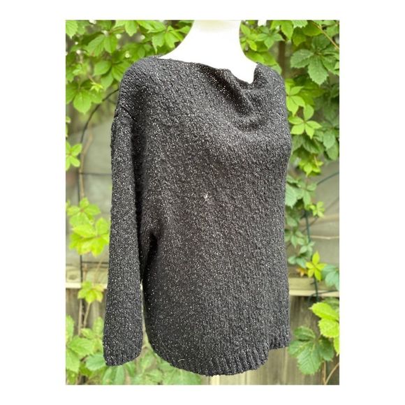 Vintage 80s Acrylic Boucle Knit Sweater Cowl Neck Black Silver Metallic sz 42 - Picture 6 of 9